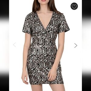 Molly Bracken Leopard Sequin Mini Faux Wrap Dress, VGUC, Size XS